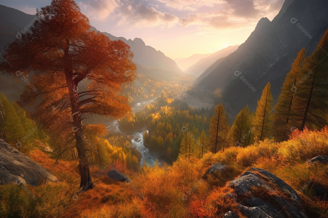 Paisagem majestosa: montanhas, rio, árvores e pôr do sol.