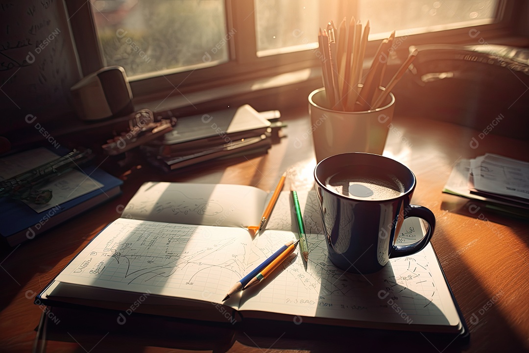 Caderno aberto em meio a uma cena de estudo e café.