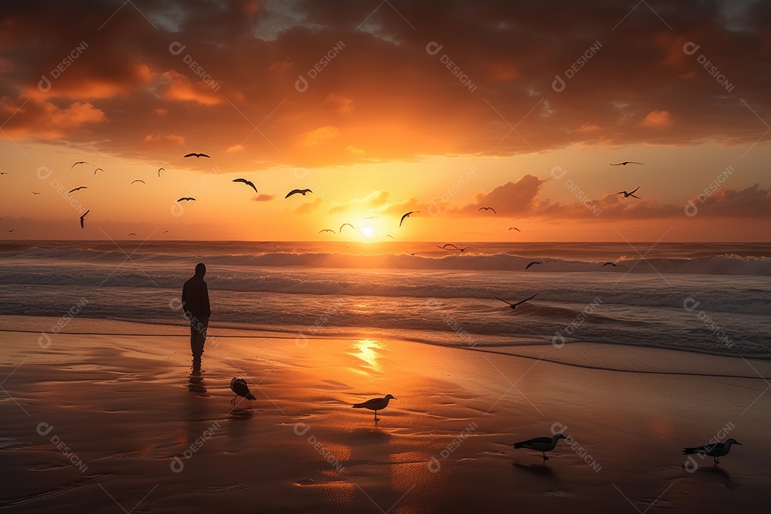 Viajante solitário contempla o pôr do sol na praia.