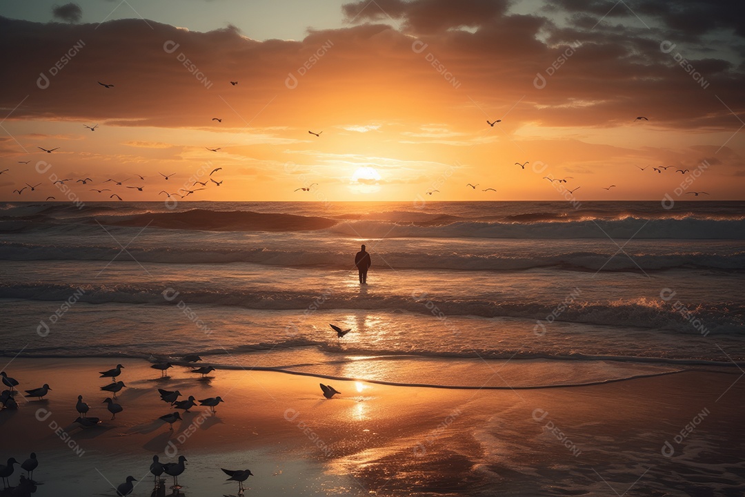 Viajante solitário contempla o pôr do sol na praia.