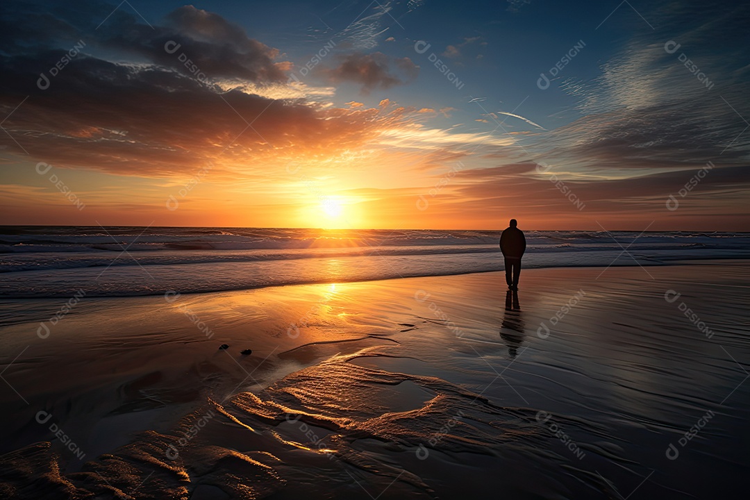 Viajante solitário contempla o pôr do sol na praia.