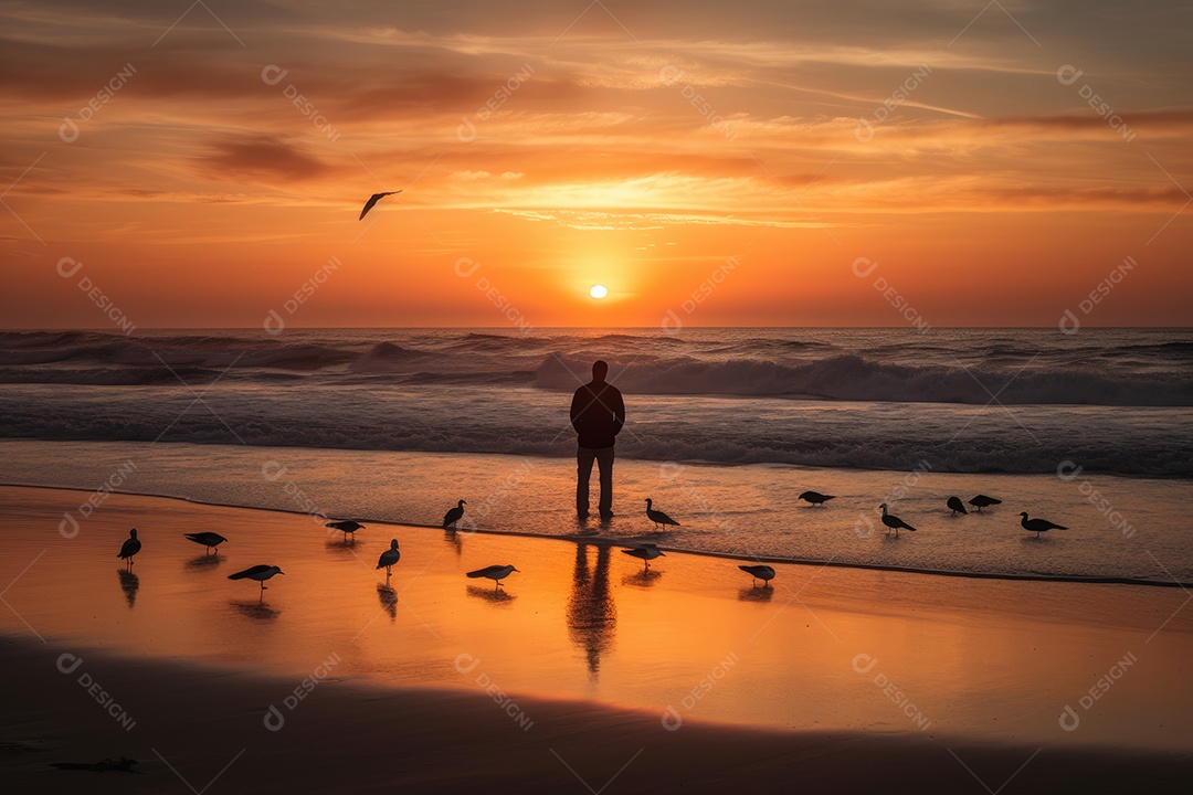 Viajante solitário contempla o pôr do sol na praia.