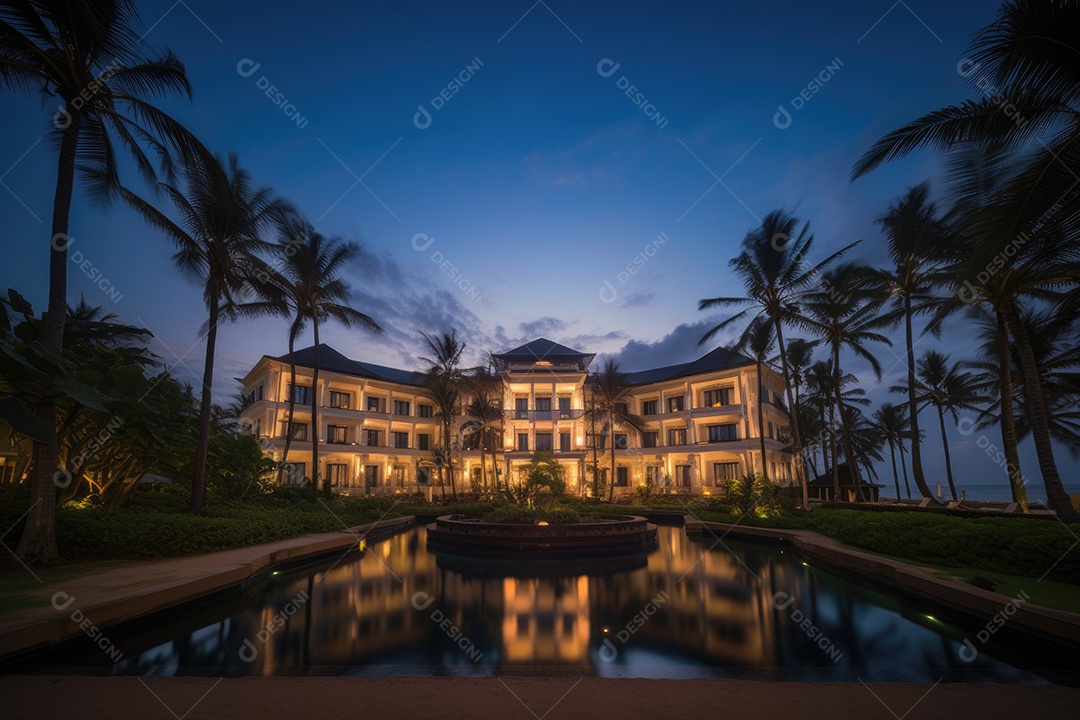 Hotel à beira-mar com piscina e jardim exuberante.