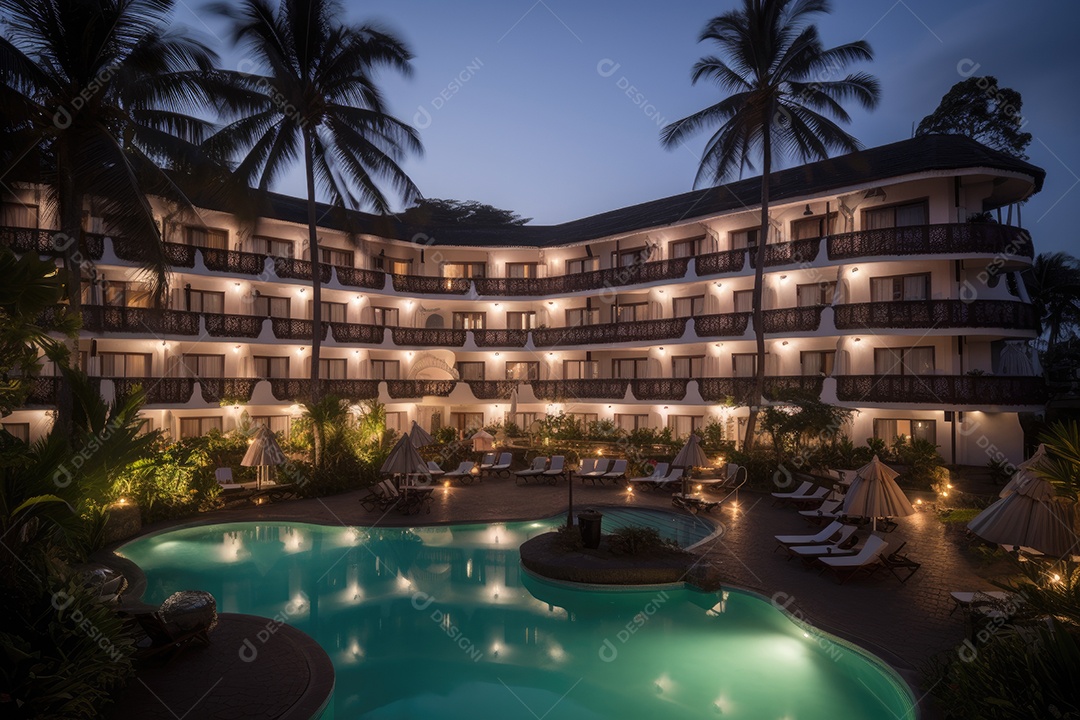 Hotel à beira-mar com piscina e jardim exuberante.