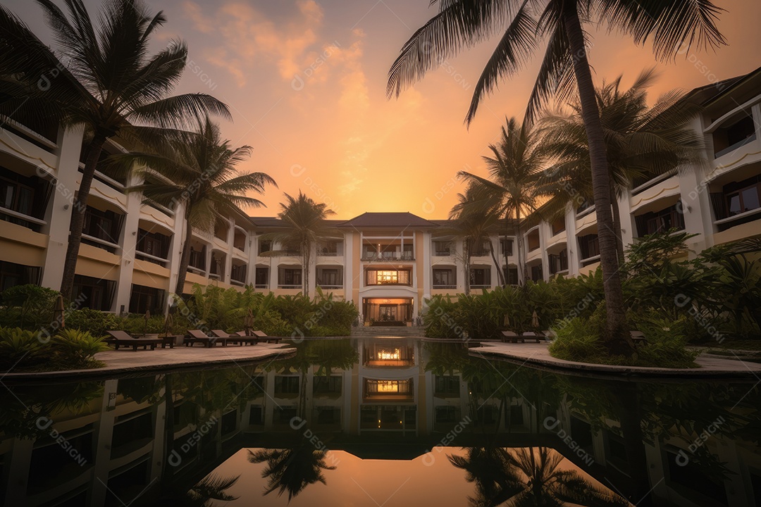 Hotel à beira-mar com piscina e jardim exuberante.