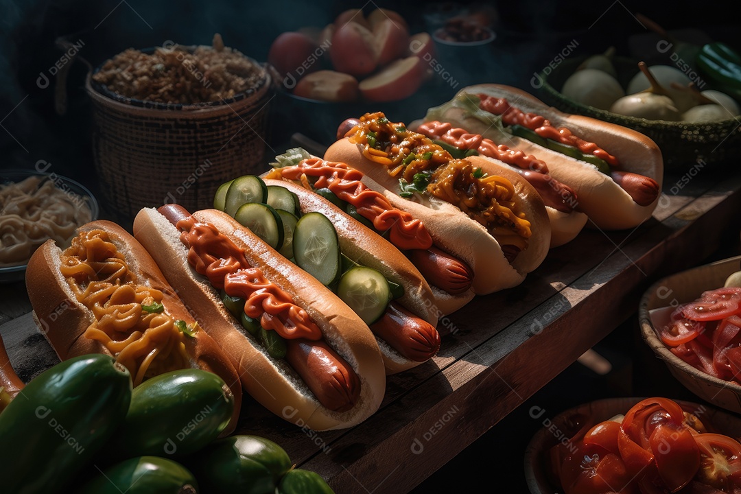 Cachorro-quente suculento com molhos e legumes frescos.