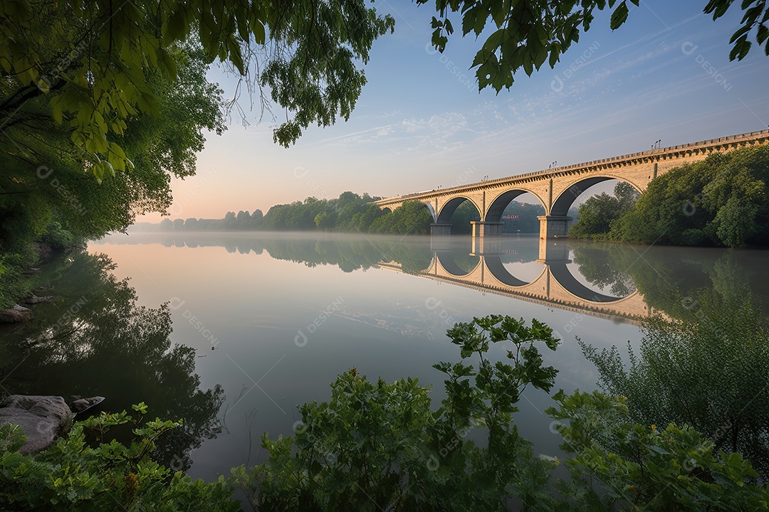 Amanhecer sereno, rio majestoso, ponte e natureza entrelaçados.