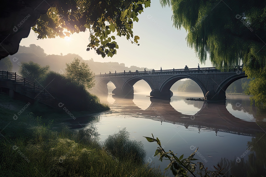 Amanhecer sereno, rio majestoso, ponte e natureza entrelaçados.