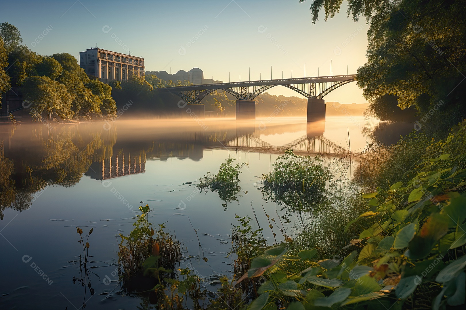 Amanhecer sereno, rio majestoso, ponte e natureza entrelaçados.