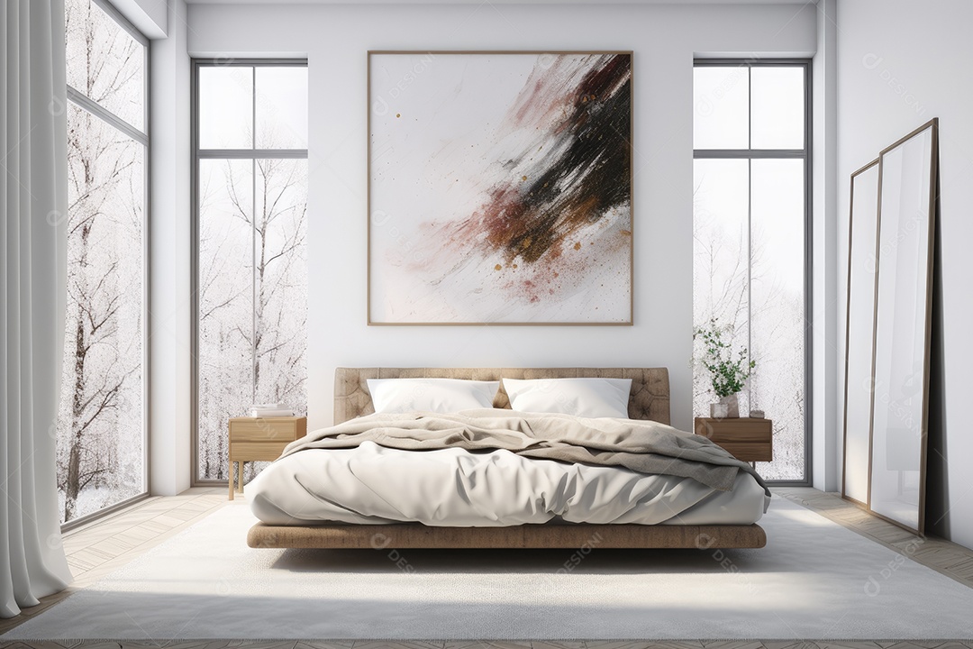 Quarto moderno com roupas de cama elegantes, arte contemporânea e móveis sofisticados.