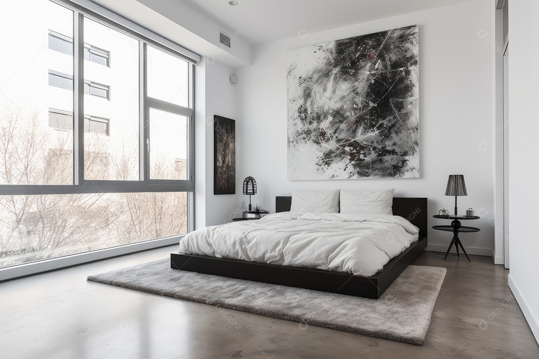 Quarto moderno com roupas de cama elegantes, arte contemporânea e móveis sofisticados.