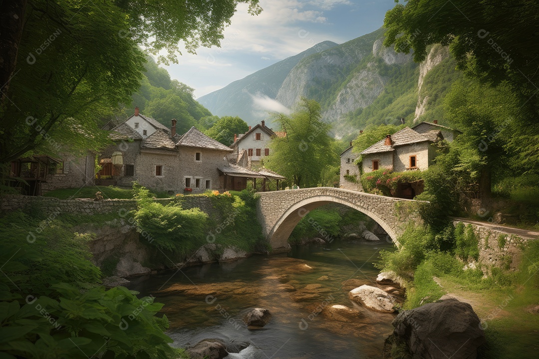 Aldeia encantadora no sopé da serra, vida sossegada.