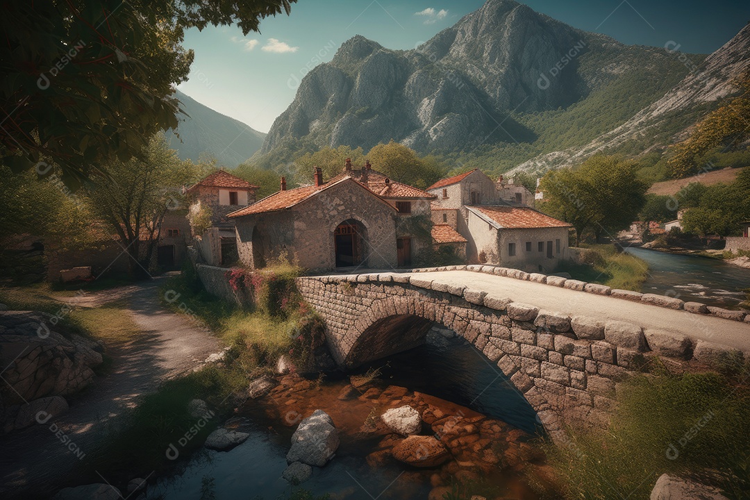 Aldeia encantadora no sopé da serra, vida sossegada.