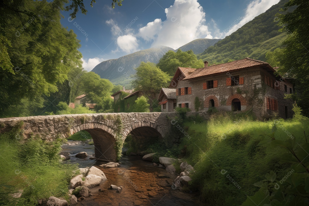 Aldeia encantadora no sopé da serra, vida sossegada.