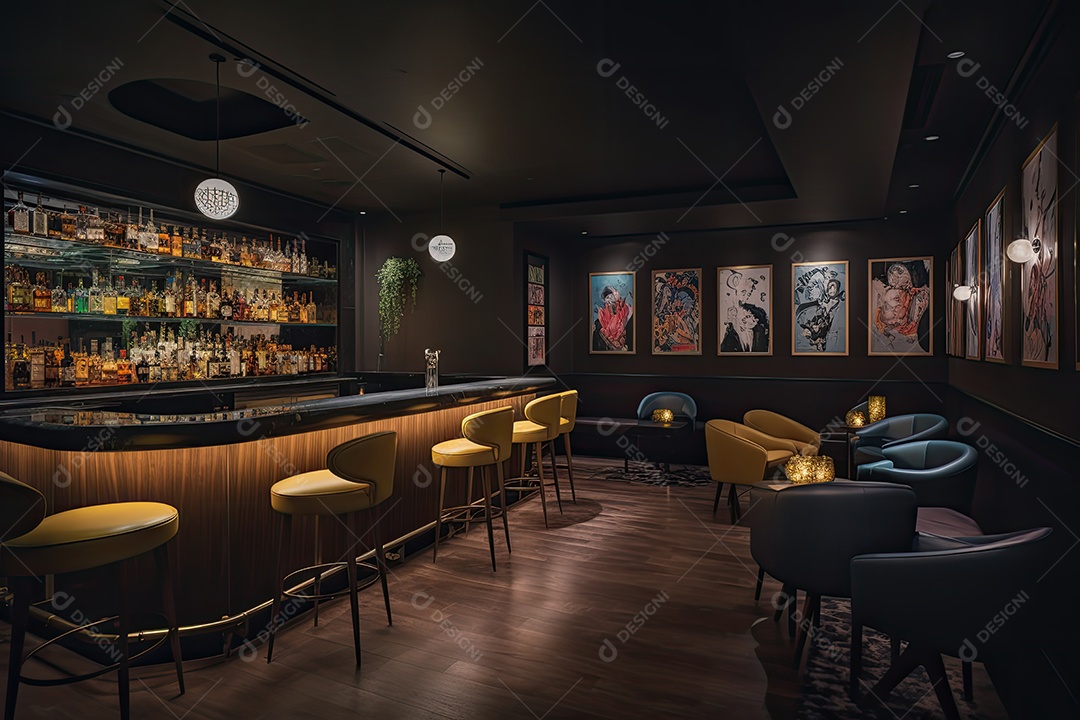 Bar moderno: luzes neon, coquetéis e arte de rua em um espaço vibrante.