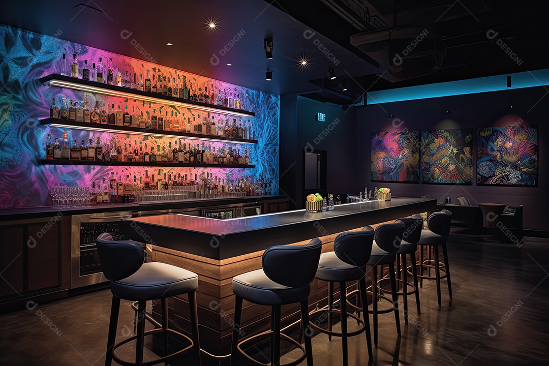 Bar moderno: luzes neon, coquetéis e arte de rua em um espaço vibrante.