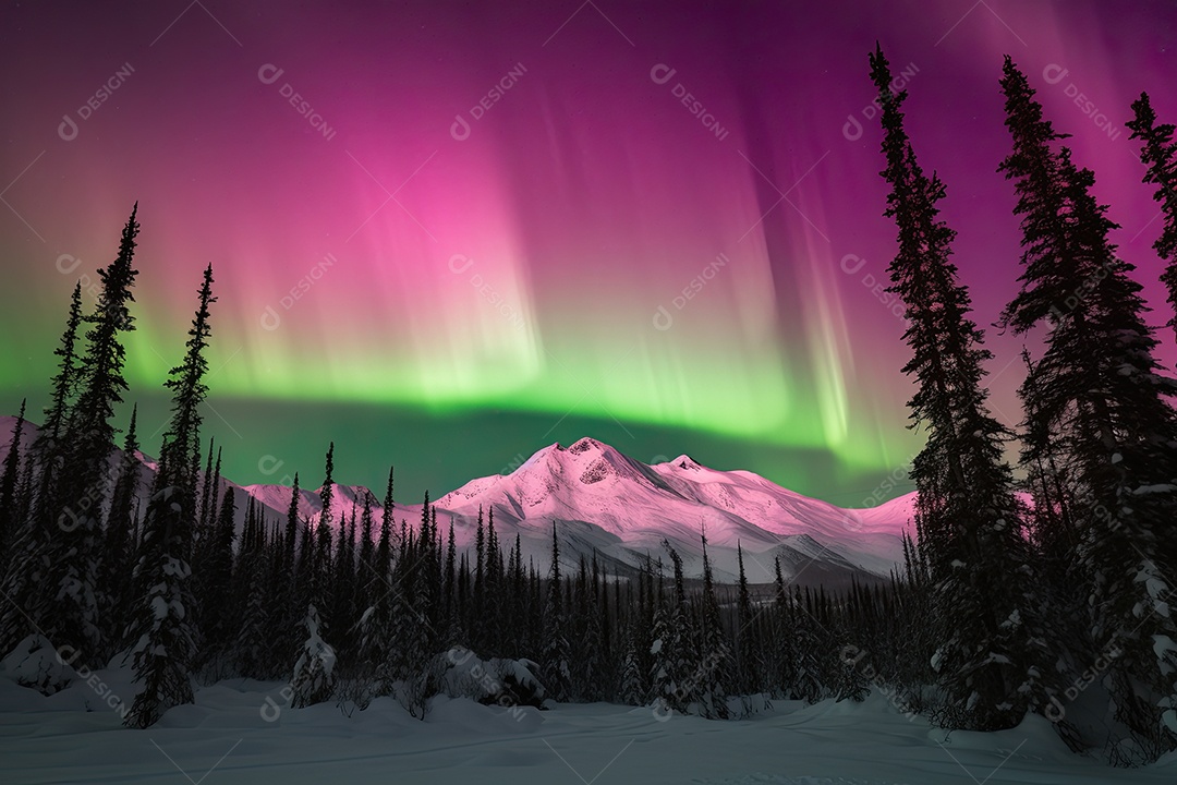 Dança cósmica de cores nas montanhas geladas. Deslumbrante aurora boreal.