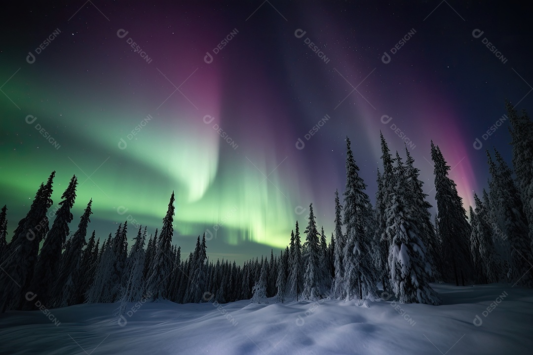 Dança cósmica de cores nas montanhas geladas. Deslumbrante aurora boreal.