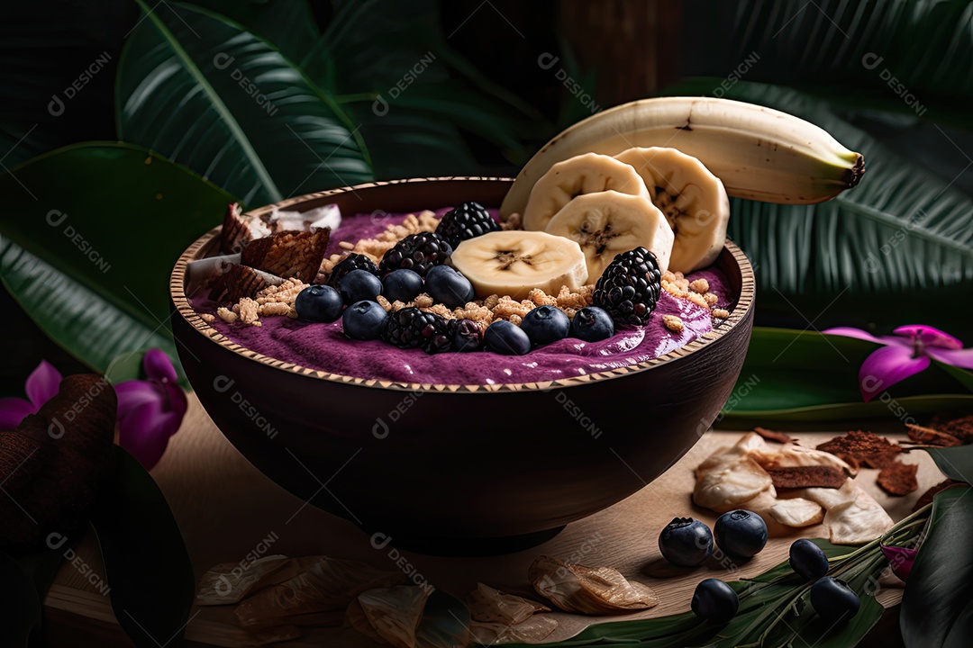 Tigela de açaí com banana e granola na selva.