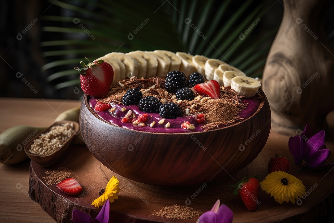 Tigela de açaí com banana e granola na selva.