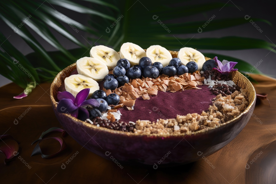 Tigela de açaí com banana e granola na selva.