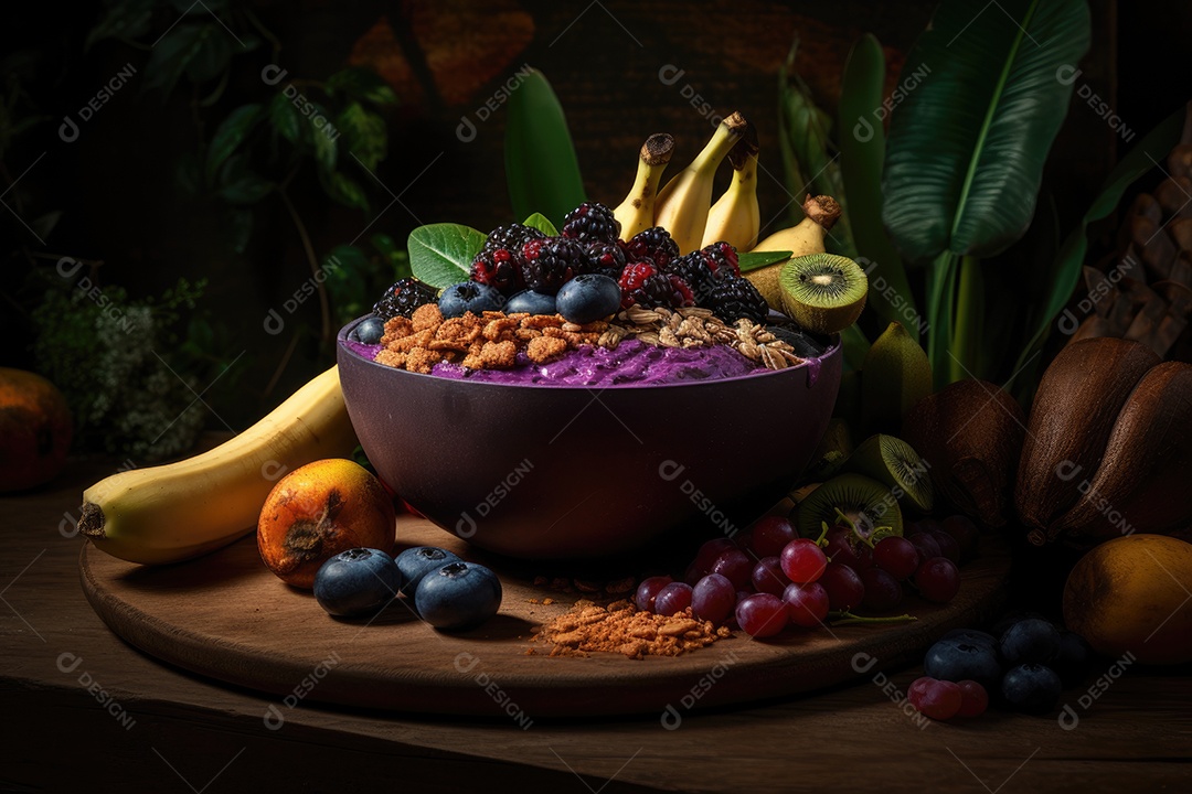 Tigela de açaí com banana e granola na selva.