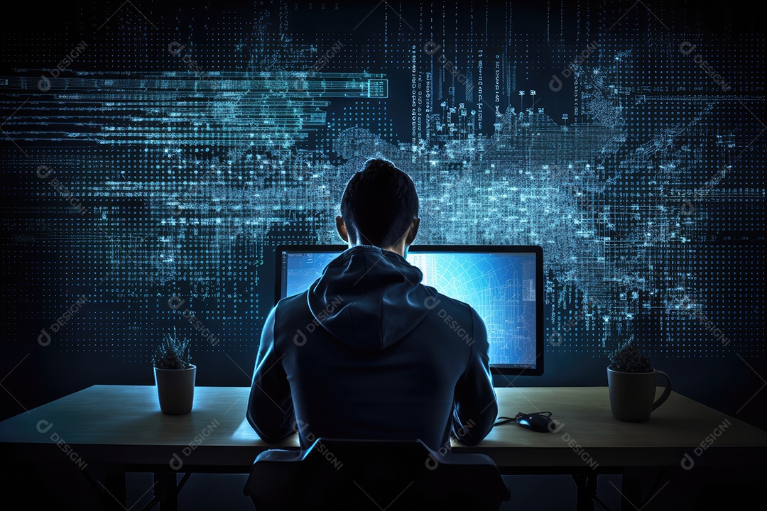 Programador imerso em códigos com elementos digitais ao redor.