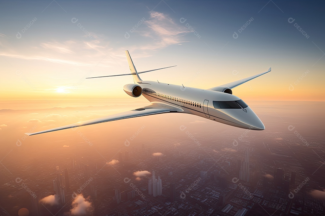 Céus de corte a jato elegantes, cidade à distância.