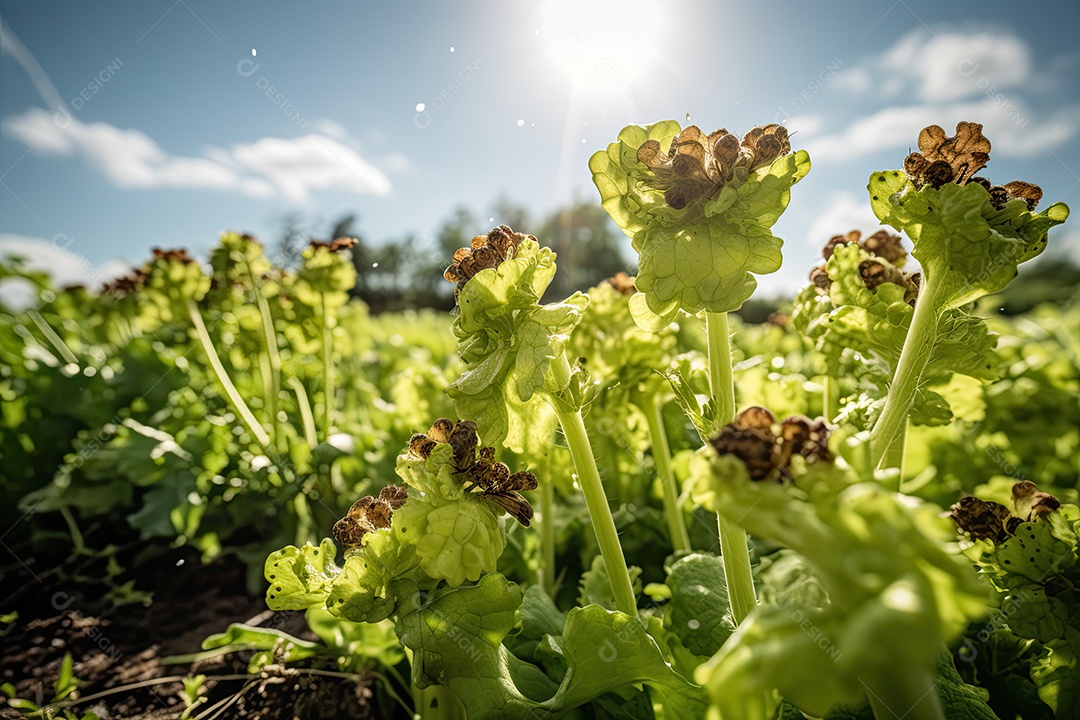 Alface fresca no campo, orvalho brilhante. Abelhas polinizando. Verde vibrante sob o céu azul.