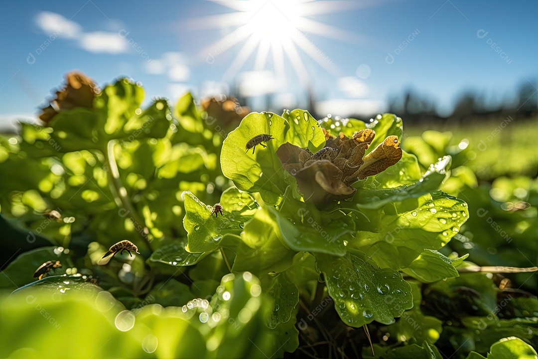 Alface fresca no campo, orvalho brilhante. Abelhas polinizando. Verde vibrante sob o céu azul.