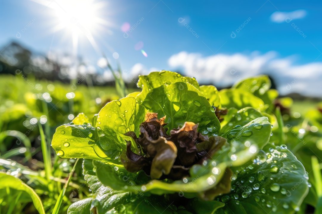 Alface fresca no campo, orvalho brilhante. Abelhas polinizando. Verde vibrante sob o céu azul.