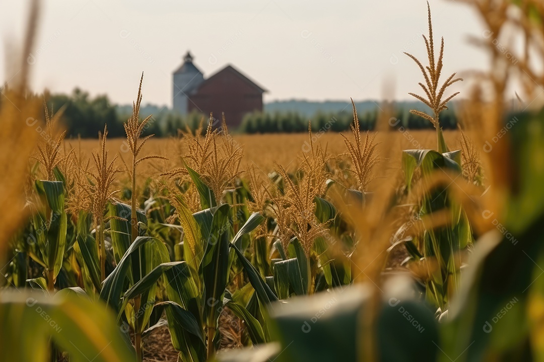 Milharal dourado sob o céu, com celeiro ao fundo.