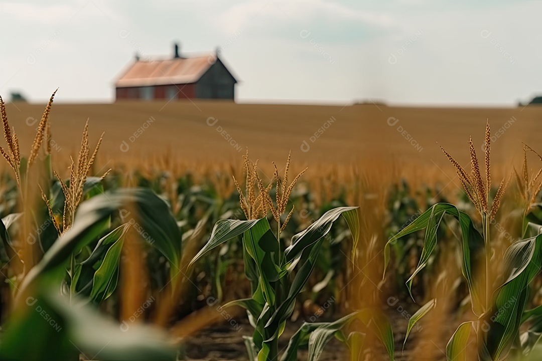 Milharal dourado sob o céu, com celeiro ao fundo.