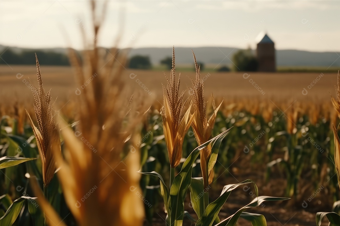 Milharal dourado sob o céu, com celeiro ao fundo.