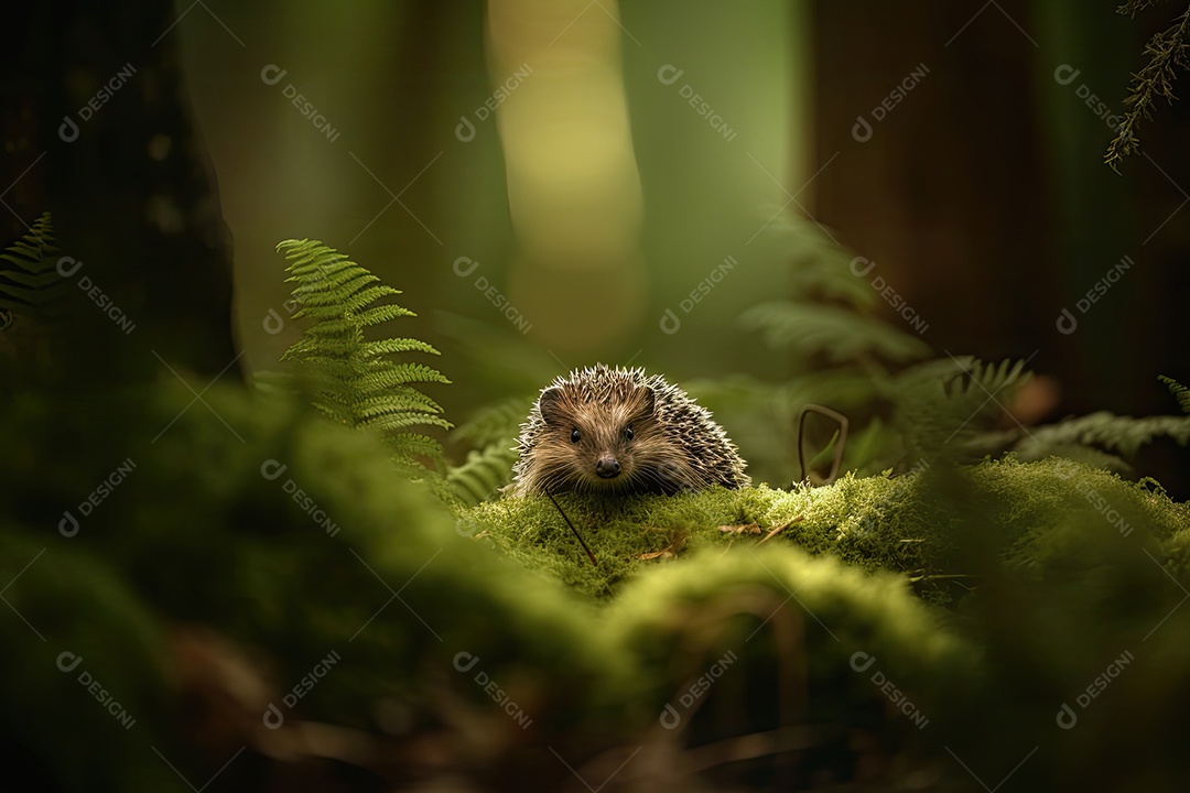 Curioso ouriço entre folhas e borboletas.