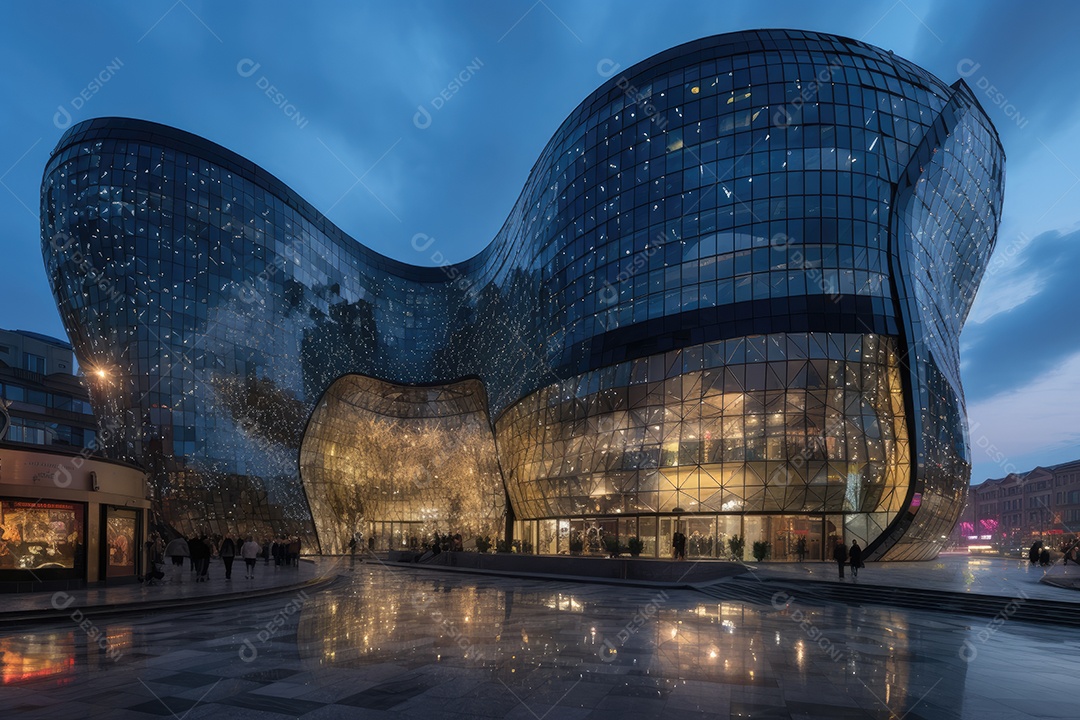 Centro comercial vibrante, arquitetura moderna, multidões movimentadas.