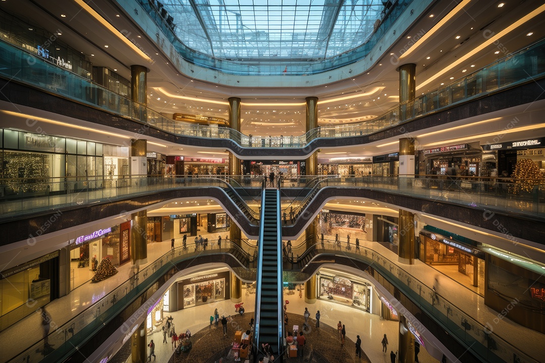 Centro comercial vibrante, arquitetura moderna, multidões movimentadas.