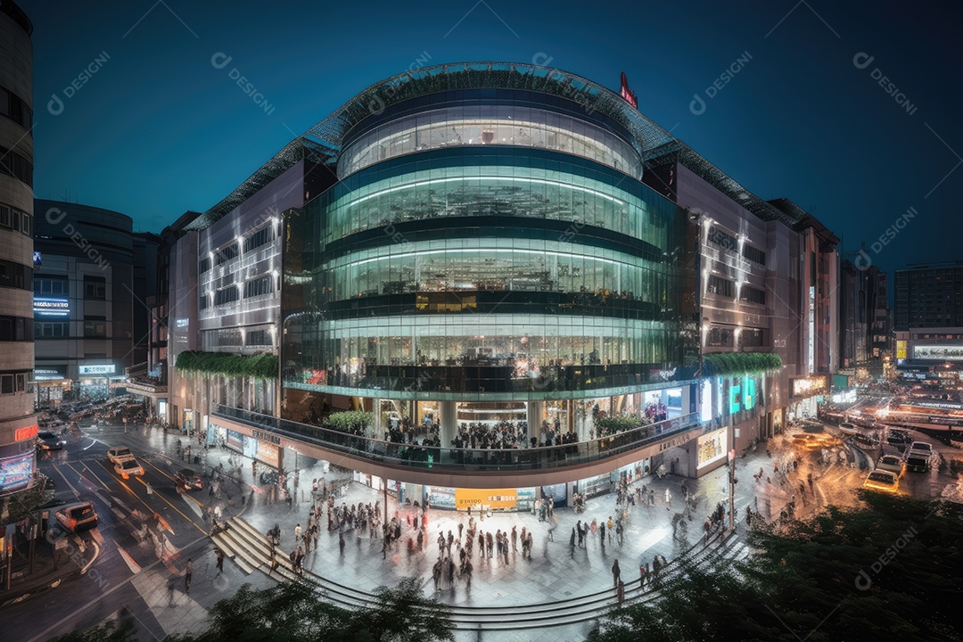 Centro comercial vibrante, arquitetura moderna, multidões movimentadas.