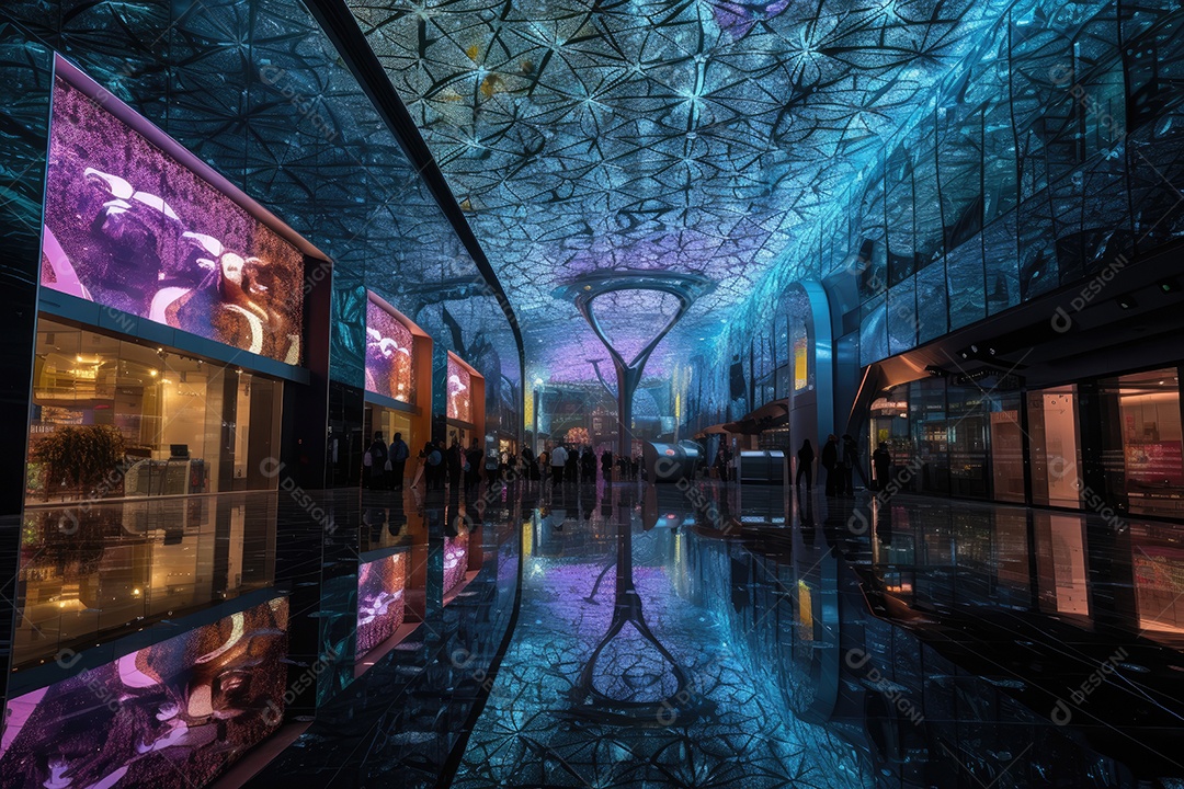 Centro comercial vibrante, arquitetura moderna, multidões movimentadas.