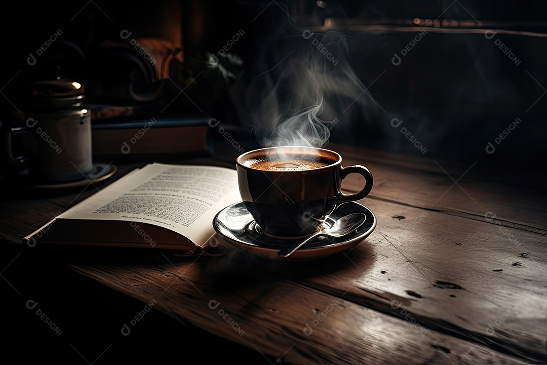 Copo fumegante e livro aberto no café aconchegante.