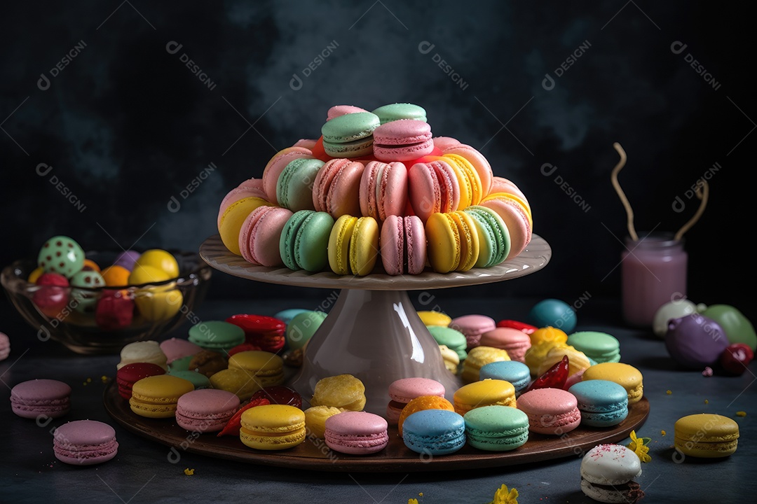 Delicado arco-íris de macarons em harmonia.