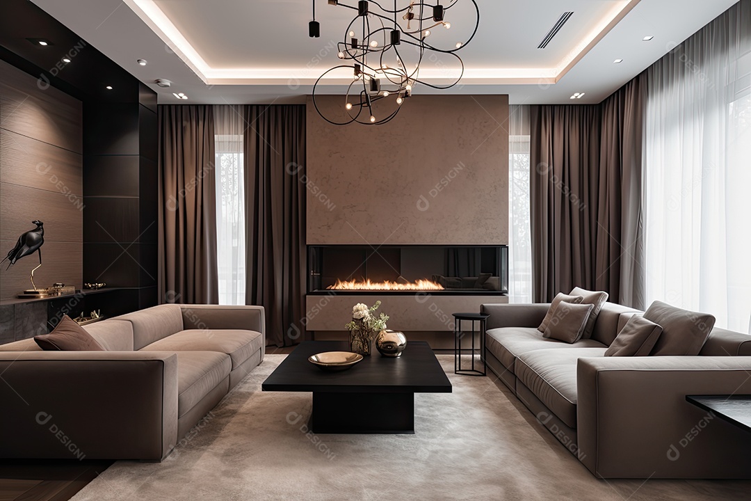 Sala de estar moderna: minimalismo sofisticado, lareira artística, cores vibrantes