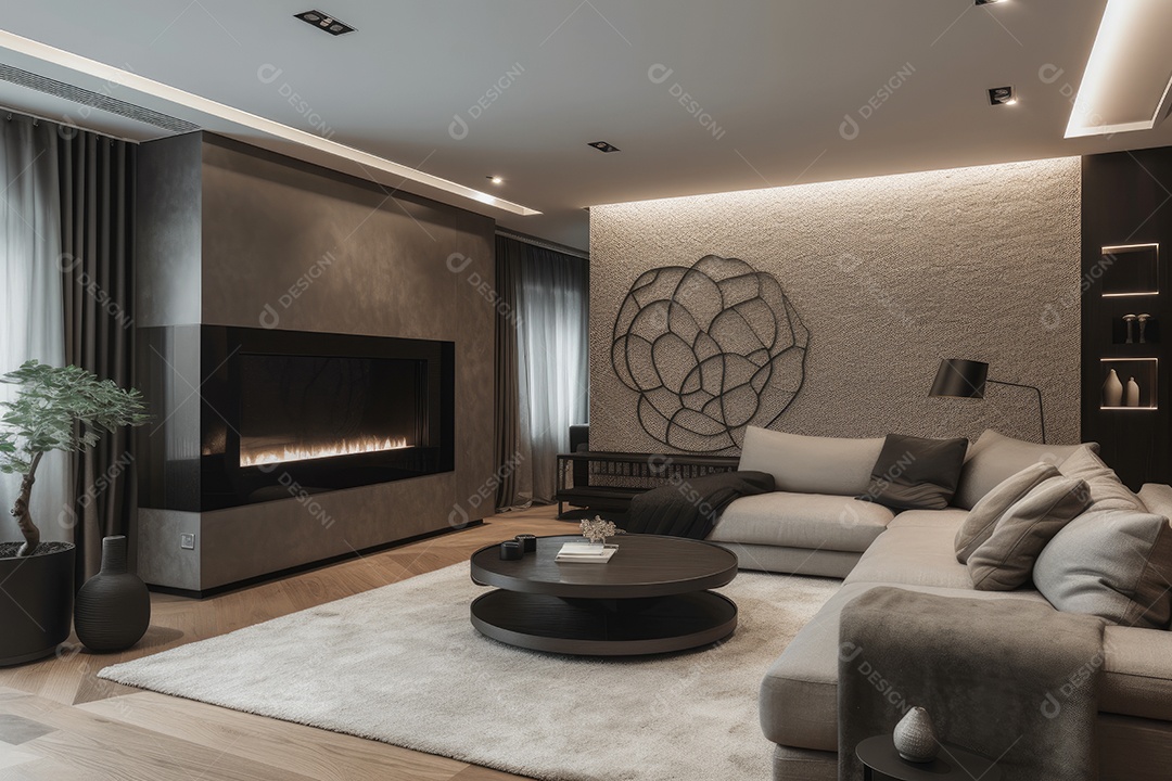 Sala de estar moderna: minimalismo sofisticado, lareira artística, cores vibrantes