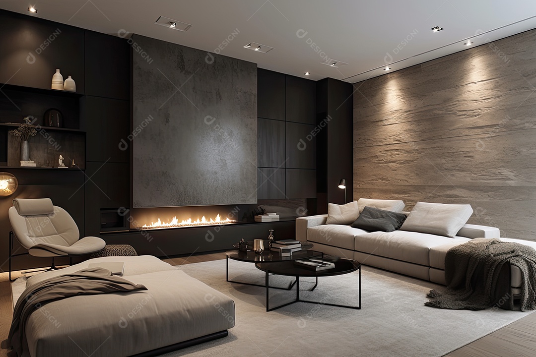 Sala de estar moderna: minimalismo sofisticado, lareira artística, cores vibrantes