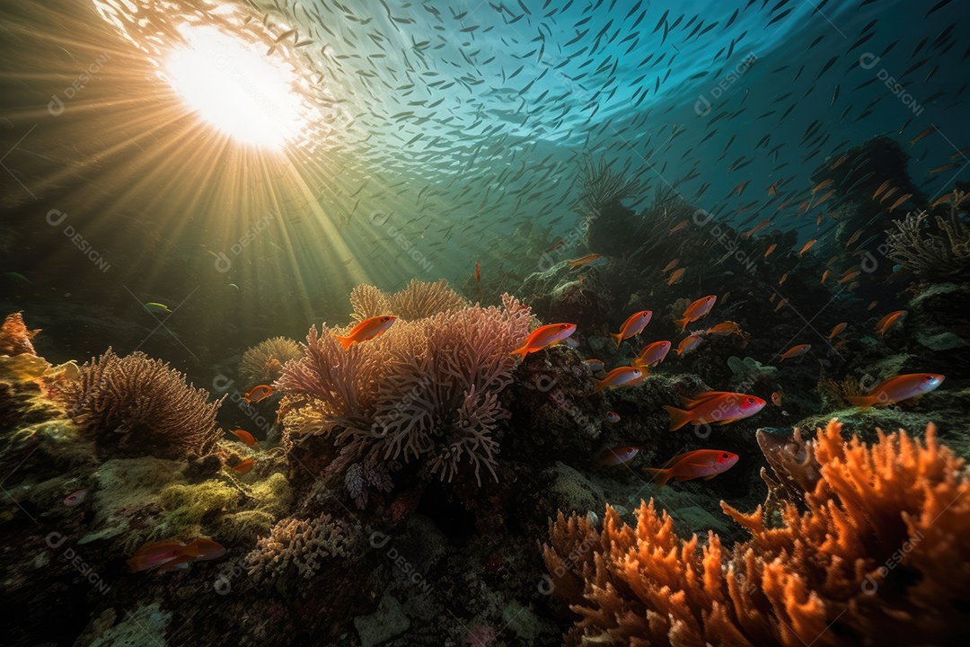 Peixes coloridos dançam em recifes vibrantes. Destacam-se os majestosos peixes-leão.