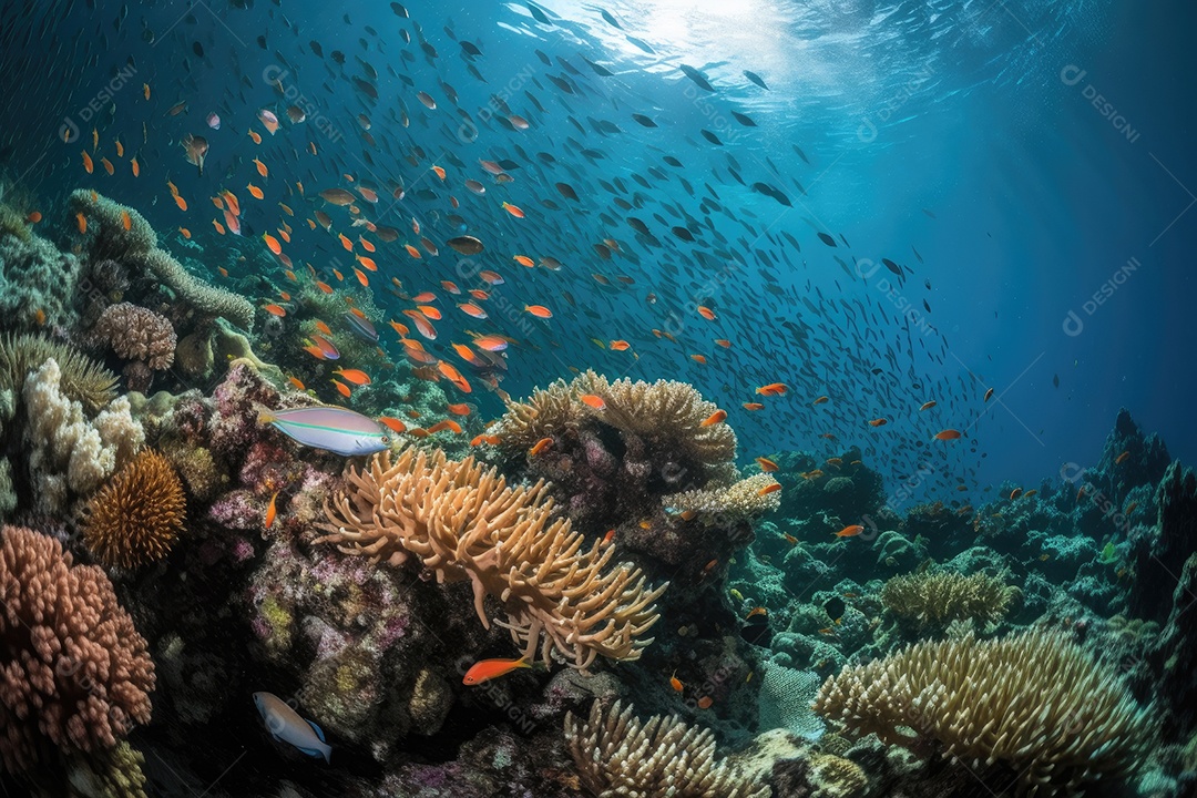 Peixes coloridos dançam em recifes vibrantes. Destacam-se os majestosos peixes-leão.