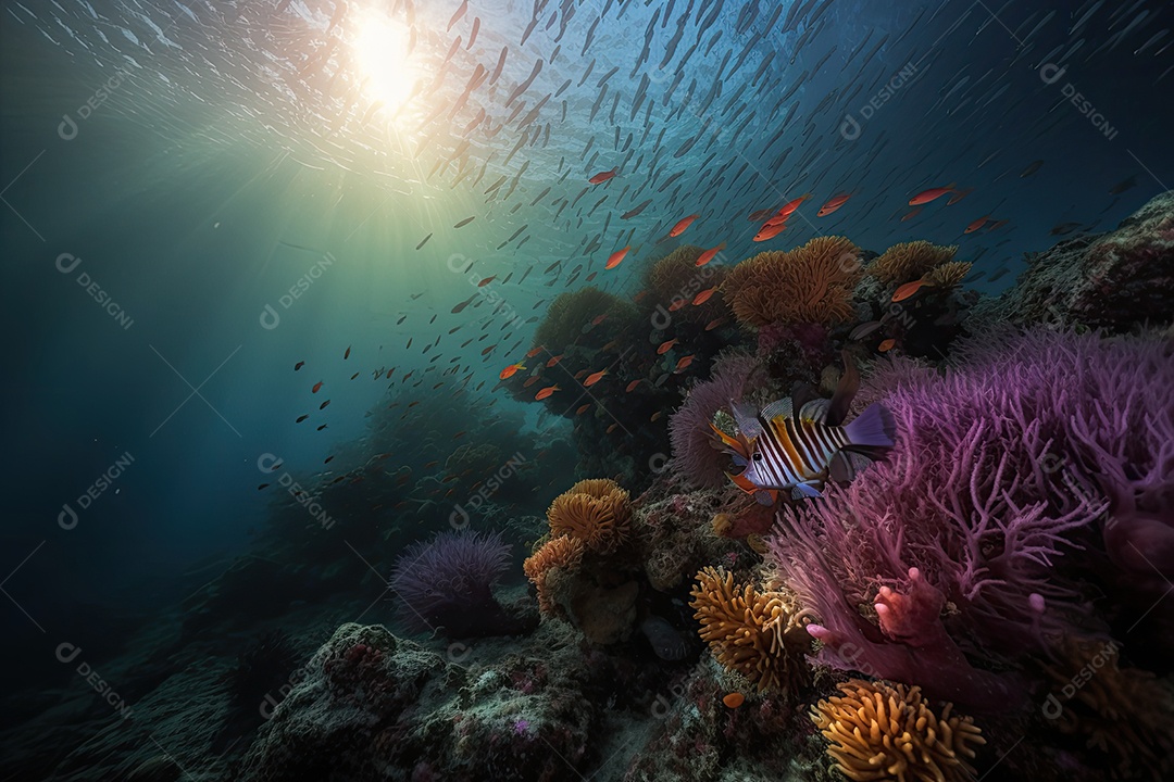 Peixes coloridos dançam em recifes vibrantes. Destacam-se os majestosos peixes-leão.
