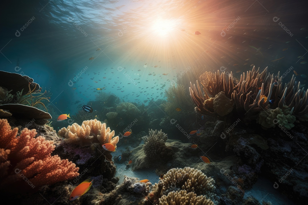 Peixes coloridos dançam em recifes vibrantes. Destacam-se os majestosos peixes-leão.