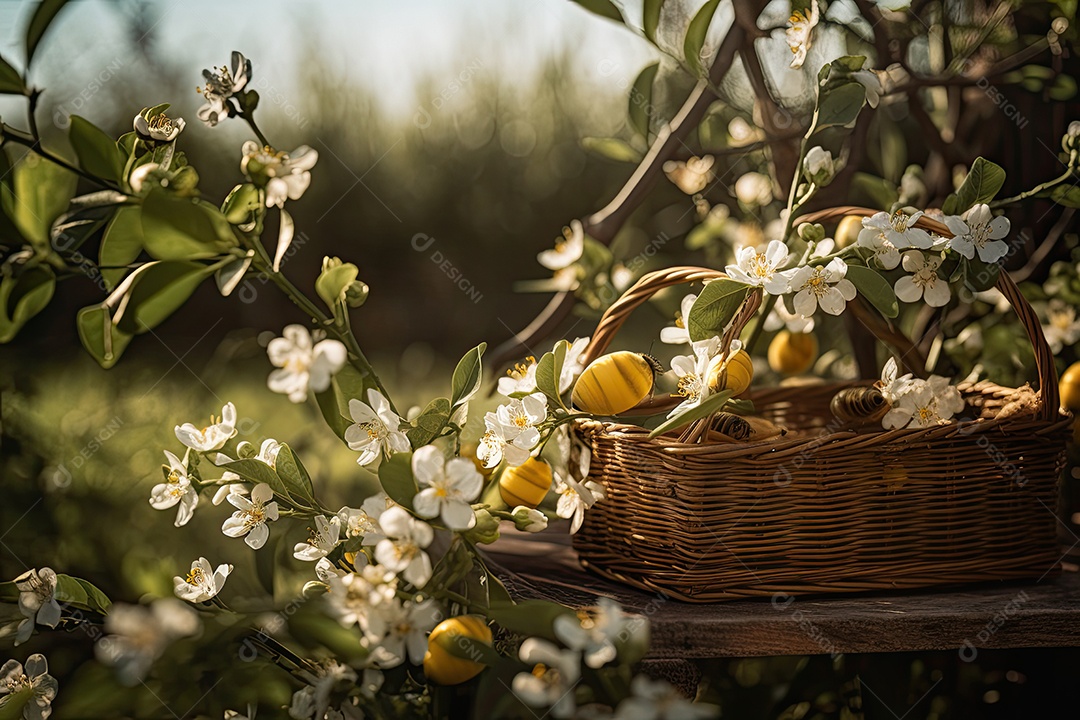 Limoeiro cheio de frutos amarelos e flores brancas. As abelhas zumbem ao redor.