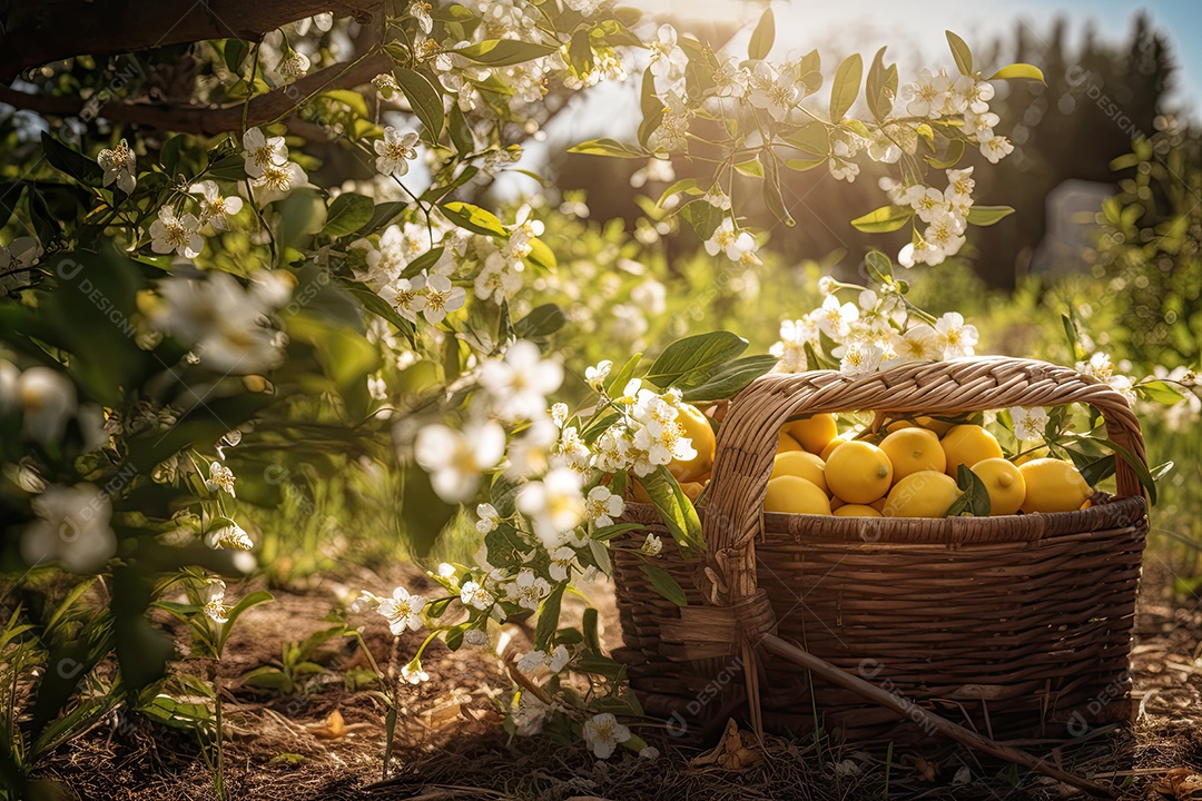 Limoeiro cheio de frutos amarelos e flores brancas. As abelhas zumbem ao redor.